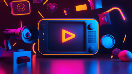 Aufkleber - retro-styled television with glowing neon play button and colorful digital elements, creating a vibr