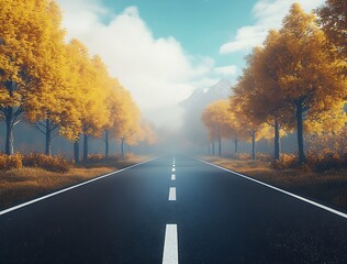 Poster - Idyllic View of a Serene Autumn Road with Lush Trees and Majestic Mountains Ahead : Generative AI