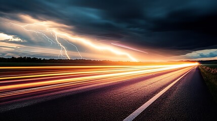 Aufkleber - Dramatic Lightning Strikes Over a Highway with Long Exposure Light Trails at Dusk : Generative AI