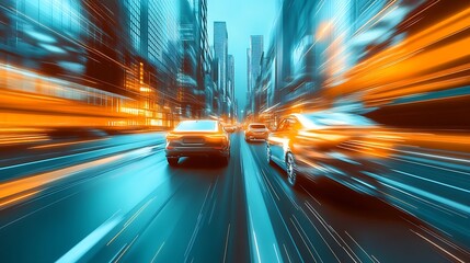 Poster - Dynamic city street scene with blurred motion highlighting the speed of modern city life and urban traffic : Generative AI