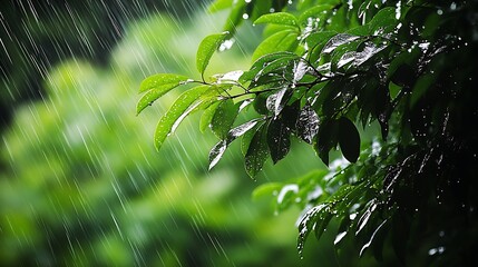 Poster - Fresh green leaves glistening under rain showcasing nature's beauty and tranquility in a close-up view : Generative AI