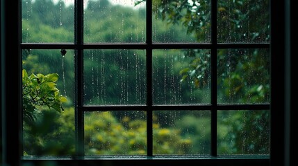 Poster - Serene Rainy Window Scene Featuring Wet Panes Framed by Lush Greenery and Vibrant Nature Outside : Generative AI
