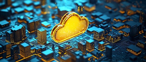 Fototapete - Eye-catching futuristic cityscape with a vibrant glowing cloud symbol emphasizing the importance of digital data storage solutions : Generative AI