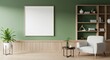 © MSTSONIA ID #6235967 - A minimalist living room with a blank canvas on a green wall and a white chair and bookshelf area