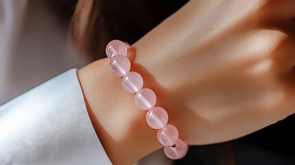 Poster - Stylish close-up of a rose quartz bracelet on a woman's wrist showcasing the smooth and glossy texture of the beads : Generative AI
