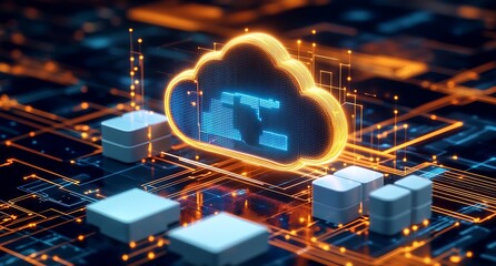 Fototapete - Advanced cloud computing graphic illustrating data transfer on modern circuit board with bright glowing lines : Generative AI