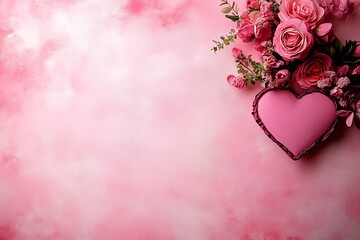 Poster - Charming heart-shaped cushion with vibrant roses on a soft pink background : Generative AI