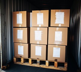Aufkleber - Stacked cardboard boxes neatly arranged inside a shipping container highlighting organization and storage efficiency : Generative AI