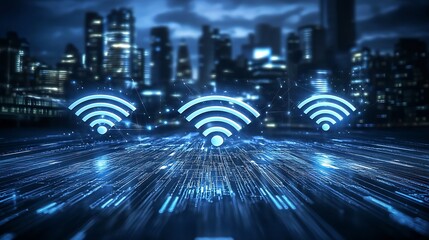 Fototapete - High Tech Wireless Connection Concept with Abstract WiFi Signals and City Skyline Background : Generative AI