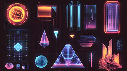 Aufkleber - a vibrant array of neon geometric shapes and holographic elements in a futuristic digital design.