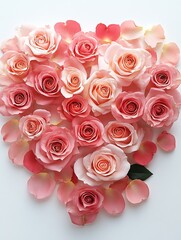Poster - Elegant heart shape arrangement of pink and peach roses with soft floral petals on a white background : Generative AI