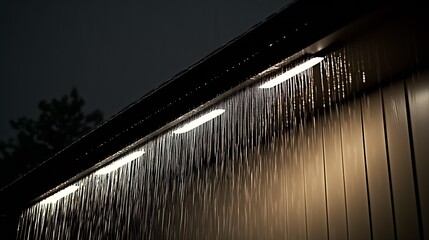 Poster - Artistic representation of rain falling from a contemporary shelter enhanced by ambient light : Generative AI
