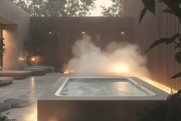 Poster - Tranquil Outdoor Spa Area with Hot Tub and Mist for a Relaxing Ambiance : Generative AI
