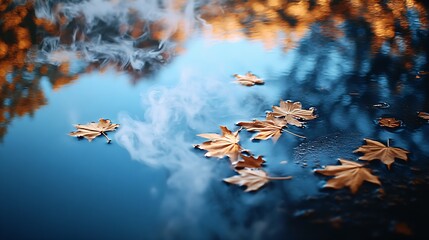 Aufkleber - Autumn leaves drifting gently on still water creating a peaceful natural landscape in fall : Generative AI