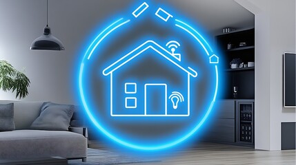 Aufkleber - Chic blue illuminated smart home technology logo in stylish modern living space : Generative AI