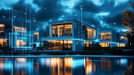 Poster - Stylish modern residence by the water showcasing vibrant lighting and intelligent design features : Generative AI