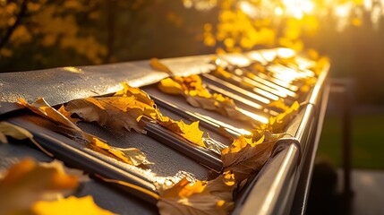 Poster - Golden autumn leaves resting gently on a rooftop in the soft light of a sunset evening : Generative AI