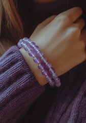 Poster - Closeup of Fashionable Purple Beaded Bracelets Worn on Wrist with Cozy Sweater : Generative AI