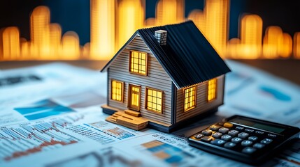 Aufkleber - Intricate model house placed on economic reports showcasing property trends and housing market analysis : Generative AI