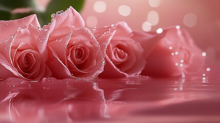 Poster - Stunning close-up of fresh pink roses with water droplets reflecting in a serene and soft background : Generative AI