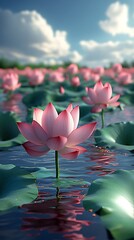Poster - Stunning Pink Lotus Blooms in Serene Water with Lush Green Leaves and Vibrant Sky : Generative AI