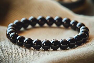 Poster - Stylish black bead bracelet resting elegantly on textured fabric for artistic photography : Generative AI