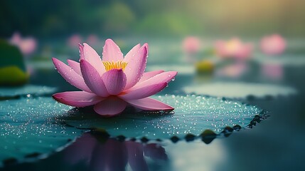 Poster - Delicate pink water lily blossom showcasing beauty and nature's artistry on tranquil lake surface : Generative AI
