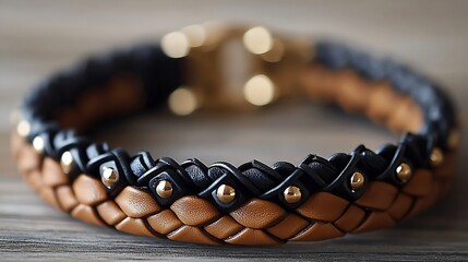 Poster - Stylish leather bracelet with intricate braided design and golden studs perfect for men and women fashion trends : Generative AI