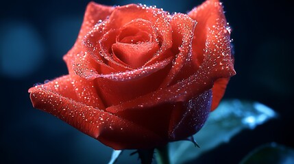 Fototapete - Stunning close-up of a red rose with shimmering droplets depicting elegance and beauty amidst soft lighting : Generative AI