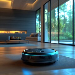 Poster - Sleek Smart Assistant Device in Bright Living Space with Large Windows : Generative AI