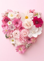 Aufkleber - Vibrant heart made of assorted flowers on a pastel pink background representing love and beauty : Generative AI