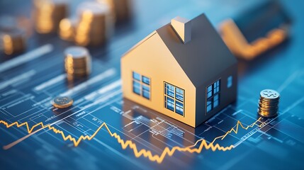 Fototapete - Detailed View of a House Model with Coins and Line Graph Displaying Market Trends : Generative AI
