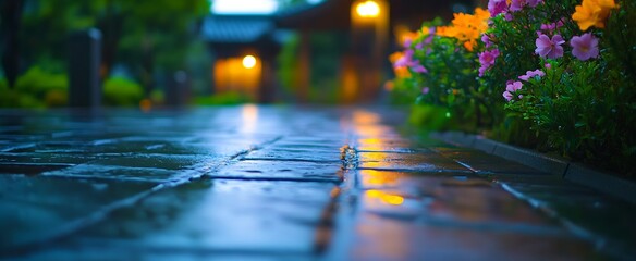 Poster - Charming cobblestone path glistening with rain surrounded by vibrant flowers in a peaceful garden : Generative AI