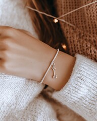 Poster - Charming Silver Bracelet with Vintage Key Pendant Perfectly Styled on Cozy Knit Sweater : Generative AI