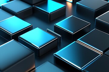 Poster - Modern metallic design with glowing blue accents highlighting geometric shapes and reflections : Generative AI