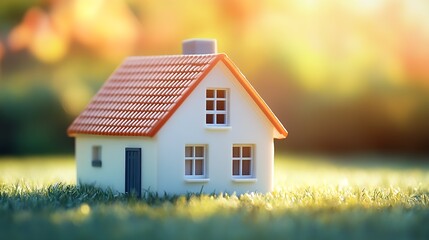 Poster - Beautiful Miniature House Displayed on Grass with Soft Focus Background and Warm Light : Generative AI