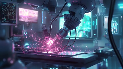 Poster - Advanced robotic arm engaging in precision work, creating vivid sparks in a high-tech laboratory filled with screens and holographic displays