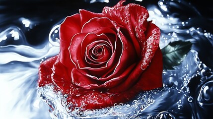 Poster - Captivating image of a glowing red rose surrounded by bubbles and sparkling water evoking feelings of romance : Generative AI
