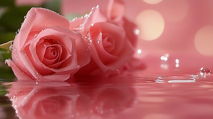 Poster - Beautiful pink rose with water droplets reflecting in a calm pool showcasing elegance and simplicity : Generative AI