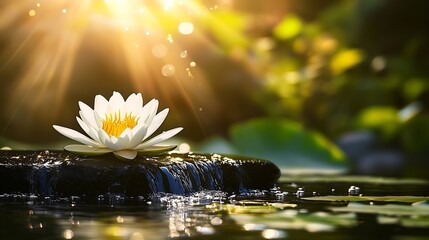 Poster - Stunning white water lily on a stone surrounded by gentle water streams and soft sunlight reflections : Generative AI