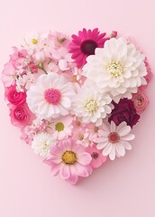 Poster - Beautiful Heart Shaped Floral Arrangement with Pink and White Flowers on Soft Pink Background : Generative AI