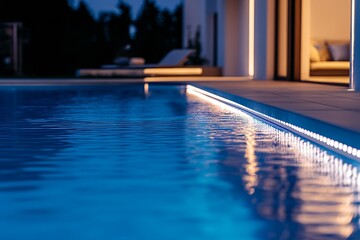 Aufkleber - Evening scene of a beautifully illuminated pool area showcasing architectural elegance and calm waters : Generative AI