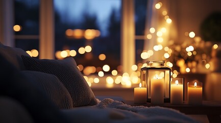 Aufkleber - Stylish Living Room Nurturing a Warm Atmosphere with Candlelight and Textured Comfort : Generative AI
