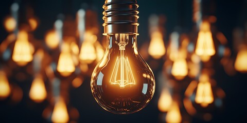 Poster - Classic light bulb with unique filament design glowing softly in a darkened background : Generative AI