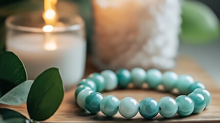 Poster - Gorgeous teal gemstone bracelet beside a flickering candle for a calming effect : Generative AI