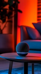Poster - Elegant smart speaker with soft lighting placed on a table in a modern living area : Generative AI