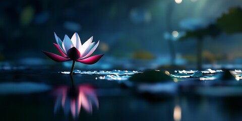 Poster - An elegant lotus flower rising above tranquil waters bathed in soft light creating a peaceful atmosphere : Generative AI