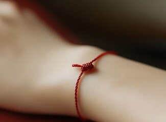 Poster - Detailed shot of a red thread bracelet featuring a small knot beautifully resting on a wrist : Generative AI