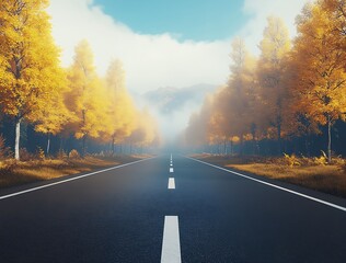 Poster - Breathtaking Autumn Highway Flanked by Harvest Gold Trees and Soft Mountain Haze : Generative AI