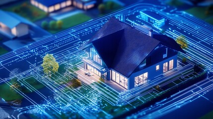 Poster - Modern house feature with glowing blue lines highlighting its unique design and spacious environment in a digital perspective : Generative AI